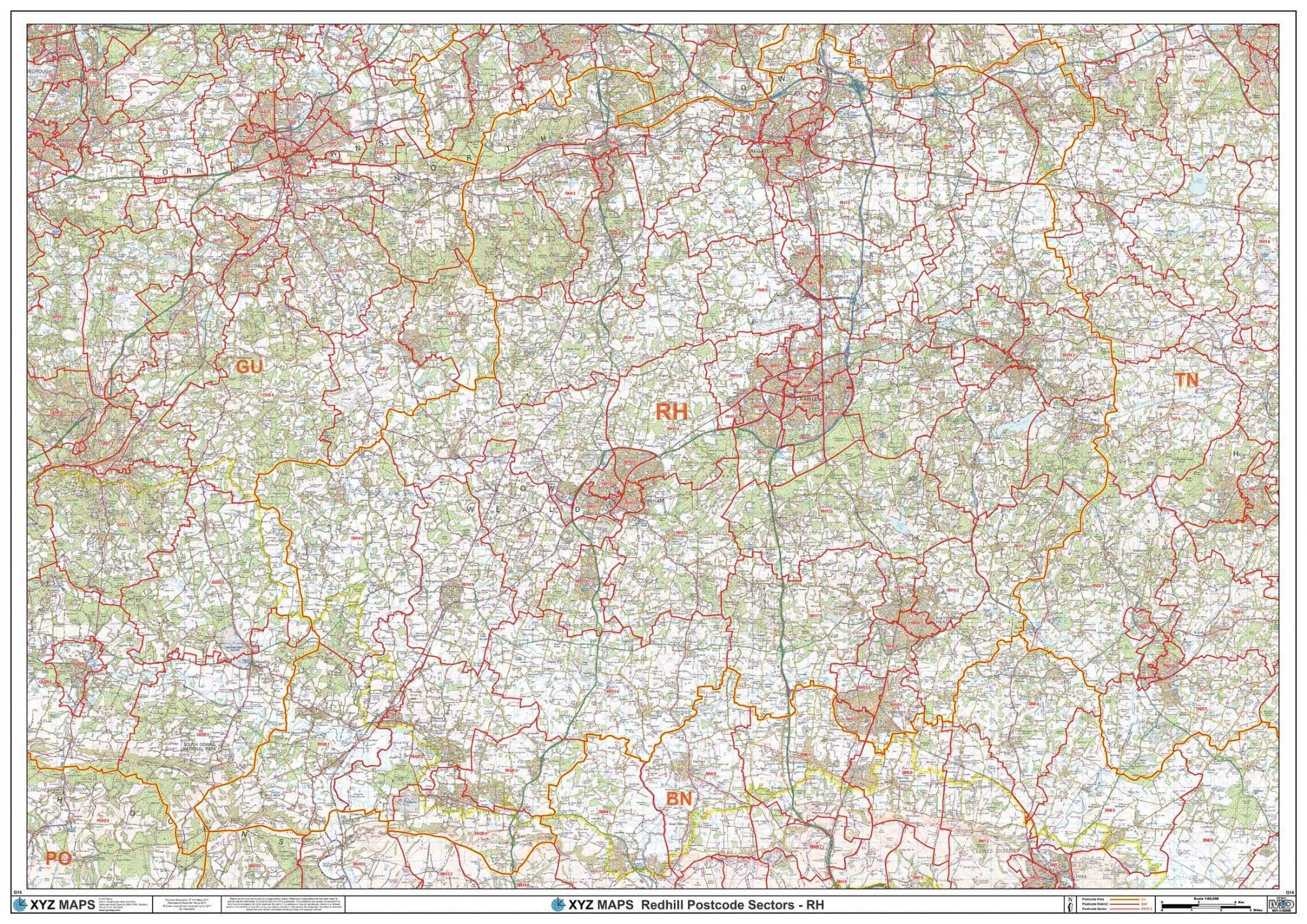 Rh Postcode County Redhill - RH - Postcode Sector Wall Map
