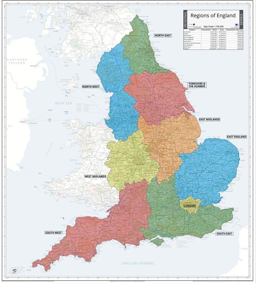 Regions of England - Wall Map - 86 x 96cm