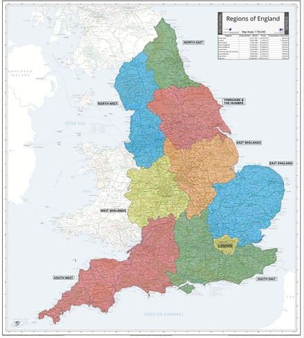 Regions of England - Wall Map - 86 x 96cm