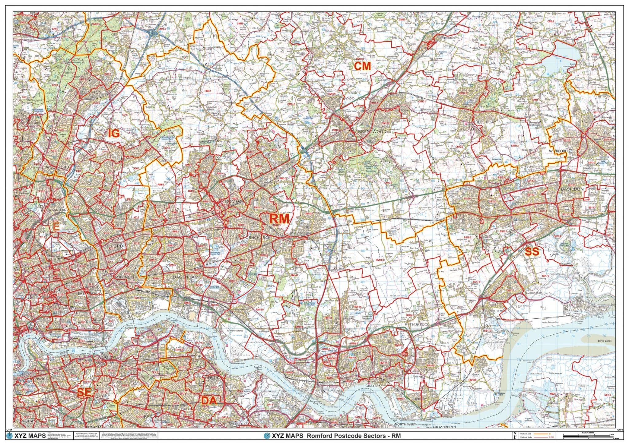 Rm Pistcode Map Romford - RM - Postcode Sector Wall Map