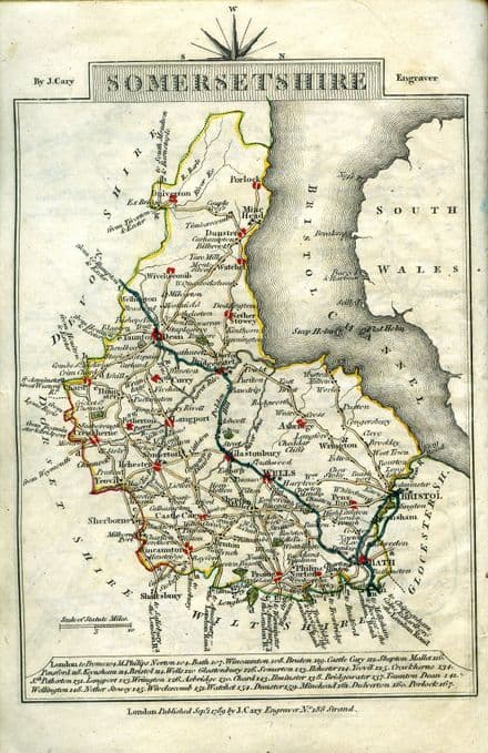 Somersetshire County Map by John Cary 1790 - Reproduction