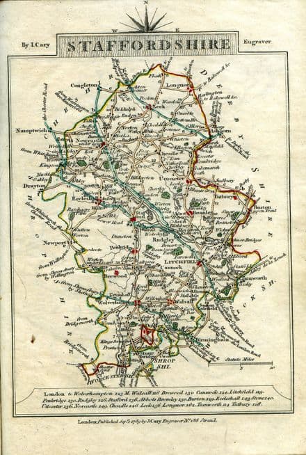 Staffordshire County Map by John Cary 1790 - Reproduction