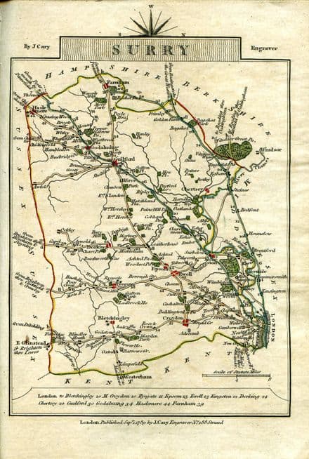 Surrey County Map by John Cary 1790 - Reproduction
