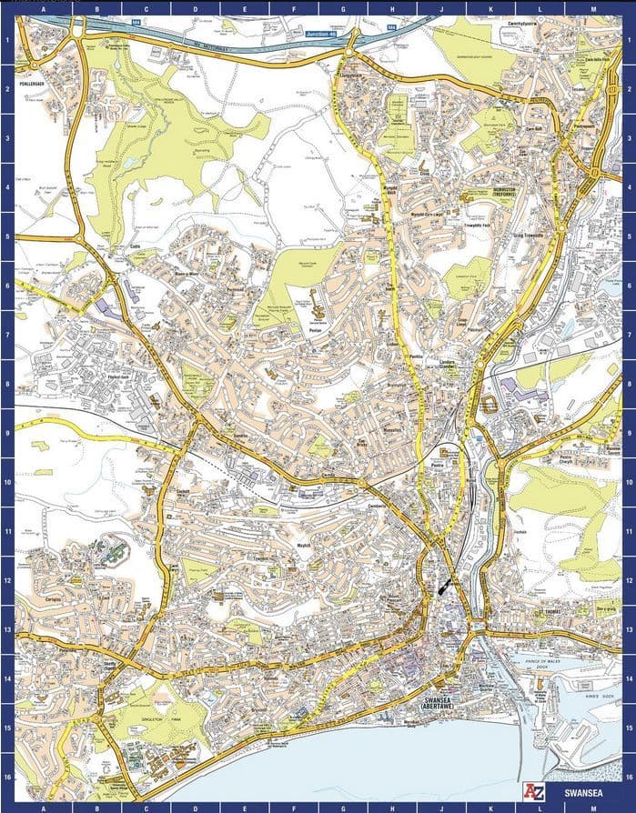 Swansea City Centre A-Z Street Wall Map