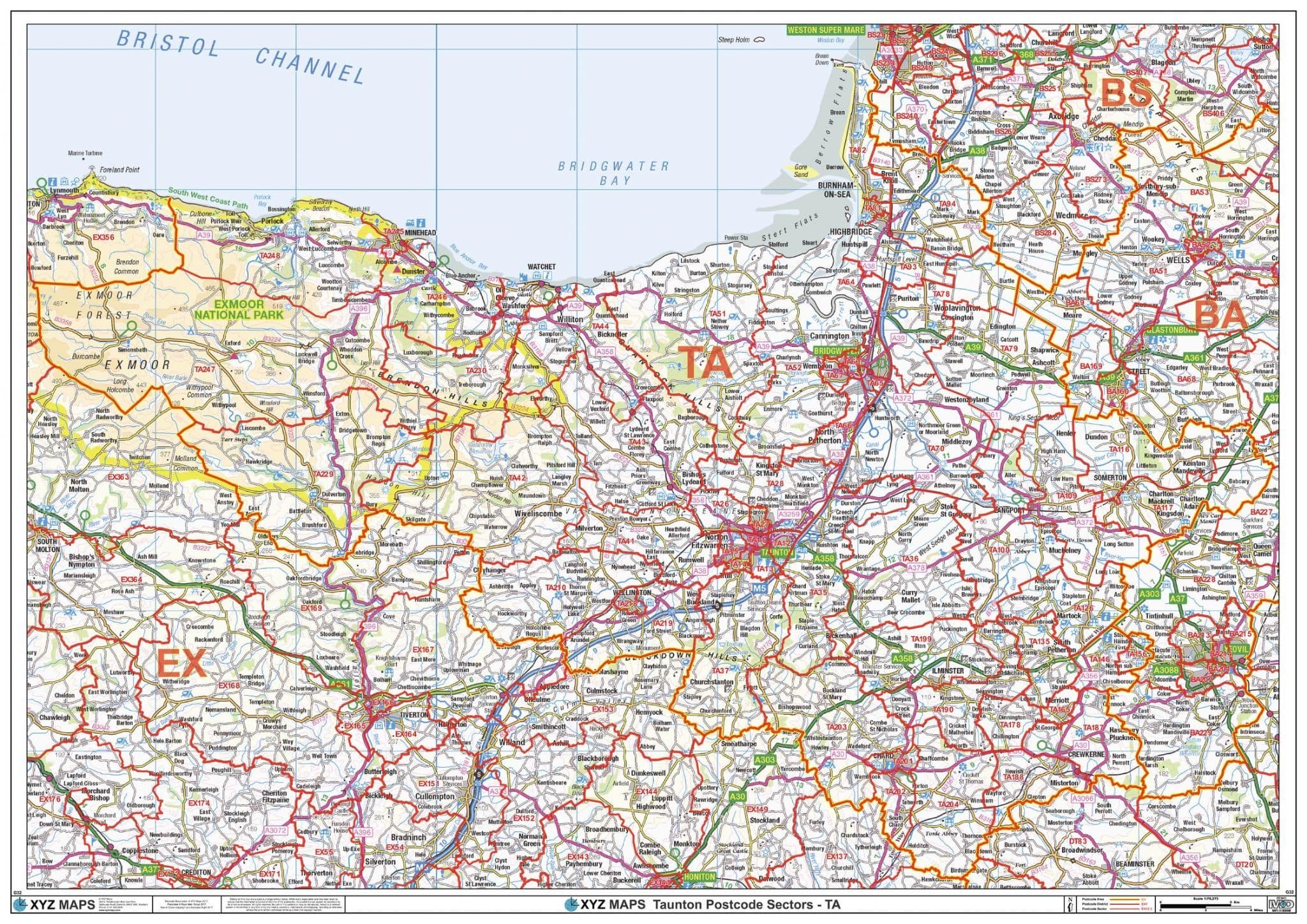 Taunton TA Postcode Sector Wall Map taunton-ta-postcode-sector-wall-map