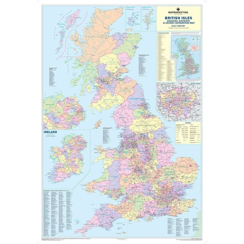 UK Counties, Districts & Unitary Authorities Planning Wall Map Standard Size (BIC, BICP) (83 x 120cm