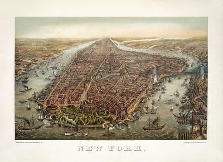 Vintage 1873 New York City Bird's-Eye View Map - Panoramic Manhattan Reproduction Print
