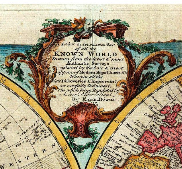 Vintage World Map Print by Emanuel Bowen 1744 - Reproduction