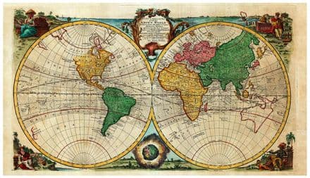 Vintage World Map Print by Emanuel Bowen 1744 - Reproduction