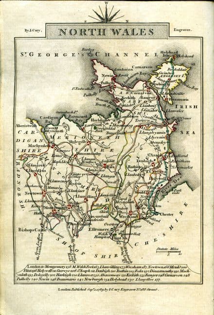Wales - North County Map by John Cary 1790 - Reproduction