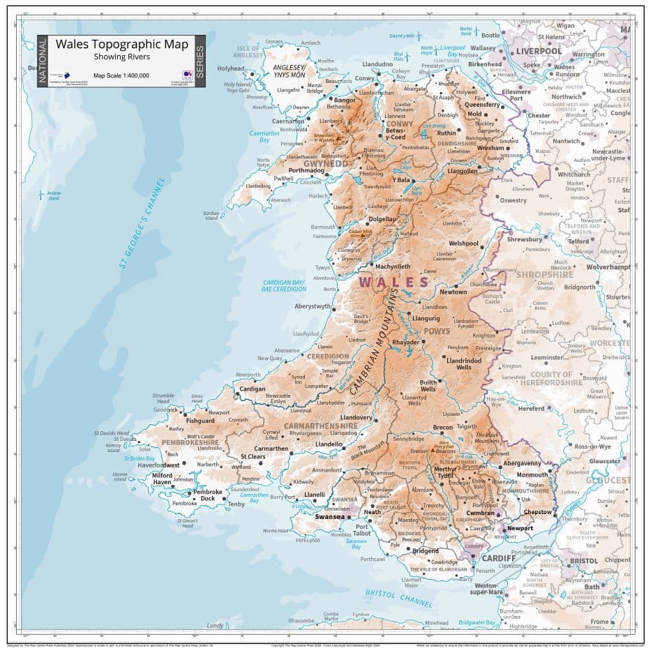 Wales Topographical with Rivers - Wall Map - 2024 - 70 x 70cm