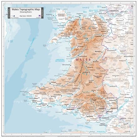 Wales Topographical with Rivers - Wall Map - 2024 - 70 x 70cm