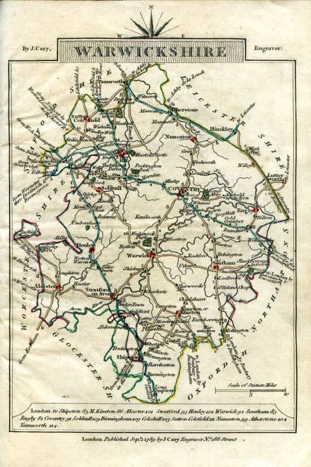 Warwickshire County Map by John Cary 1790 - Reproduction