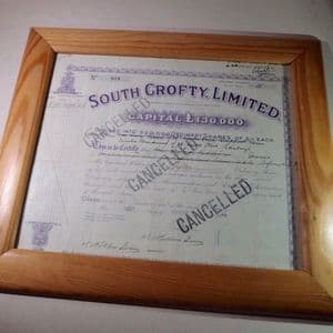 SOUTH CROFTY TIN MINE SHARE CERTIFICATE (ORIGINAL CERTIFICATE DATED 1934) - Framed for wall hanging