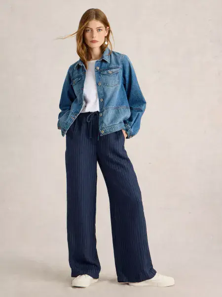 Belle Linen Wide Leg Trouser. Navy Multi