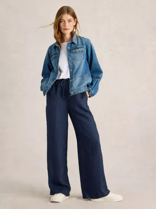 Belle Linen Wide Leg Trouser. Navy Multi