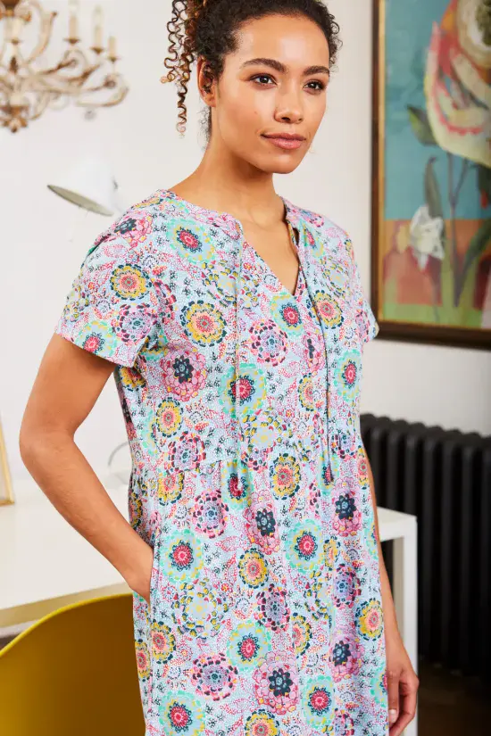Bold Ethnic Floral Jersey Sundress. Aqua Haze