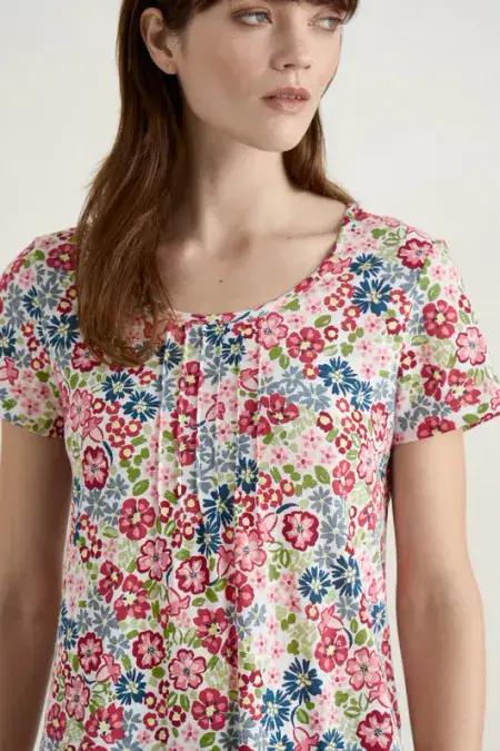 Busy Lizzy Short Sleeve Tunic. Flowery Painting Chalk
