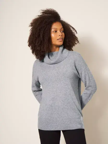 Callie 100% Cashmere Roll Neck Jumper. Mid Grey