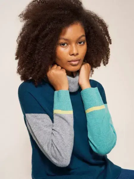 Callie 100% Cashmere Roll Neck Jumper. Navy Multi