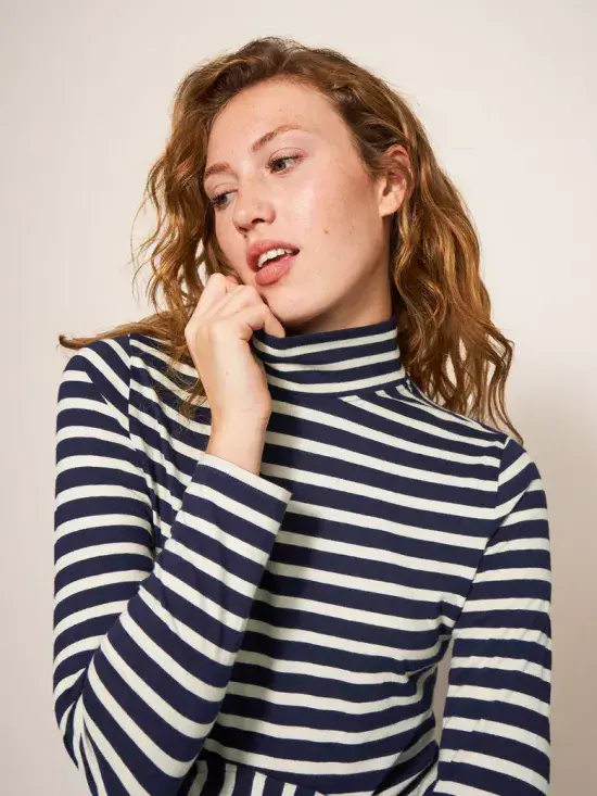 Camile High Neck Tee. Navy Multi