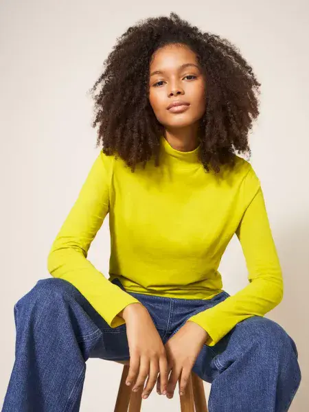 Camille high Neck, Long Sleeve Tee. Mid Chartreuse