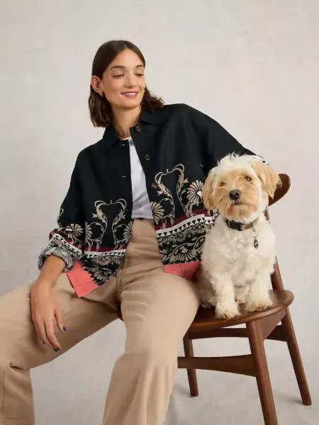 Carrie Linen Jacket. Black Print