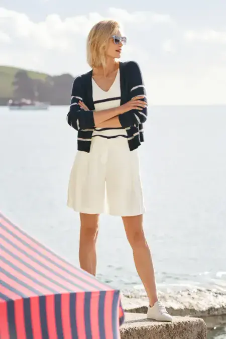 Castle Beach Organic Cardigan. Stripe-Porthole Maritime Chalk