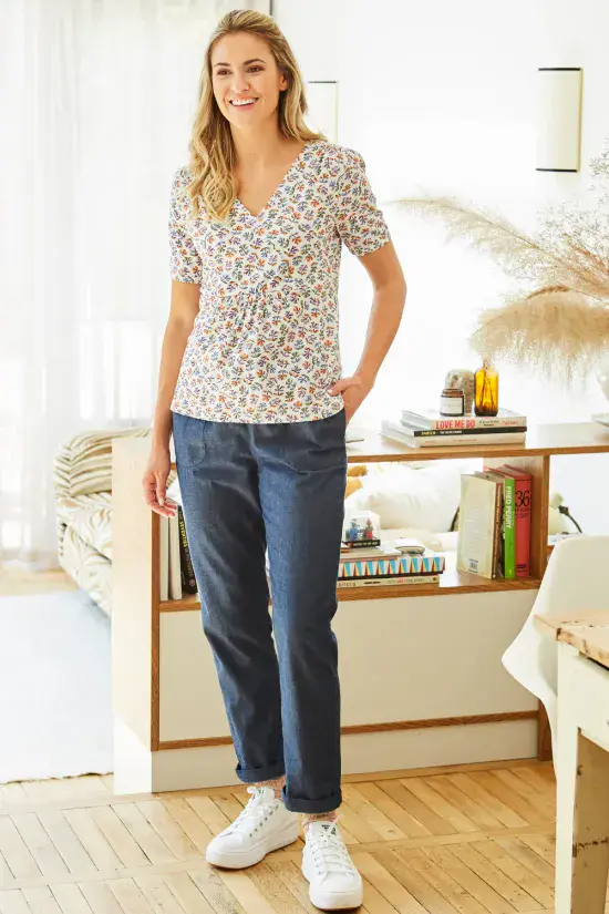 Chambray Elasticated Trousers. Indigo Wash