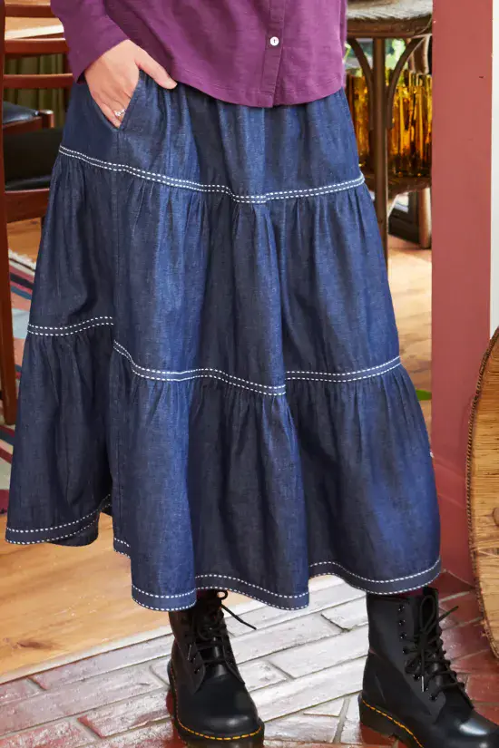 Chambray Tiered Skirt With Crossgrain Trim Indigo Wash