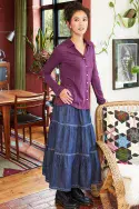 Chambray Tiered Skirt With Crossgrain Trim. Indigo Wash