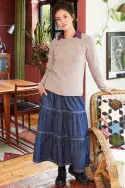 Chambray Tiered Skirt With Crossgrain Trim. Indigo Wash