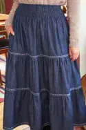 Chambray Tiered Skirt With Crossgrain Trim. Indigo Wash