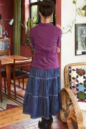 Chambray Tiered Skirt With Crossgrain Trim. Indigo Wash