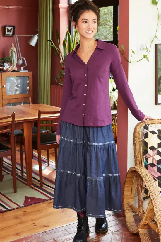 Chambray Tiered Skirt With Crossgrain Trim. Indigo Wash