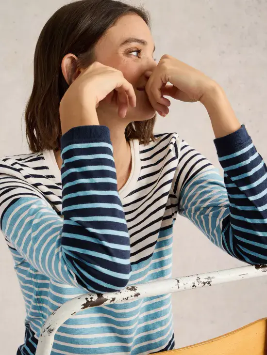 Clara Long Steeve, Crew Neck Tee. Navy Multi