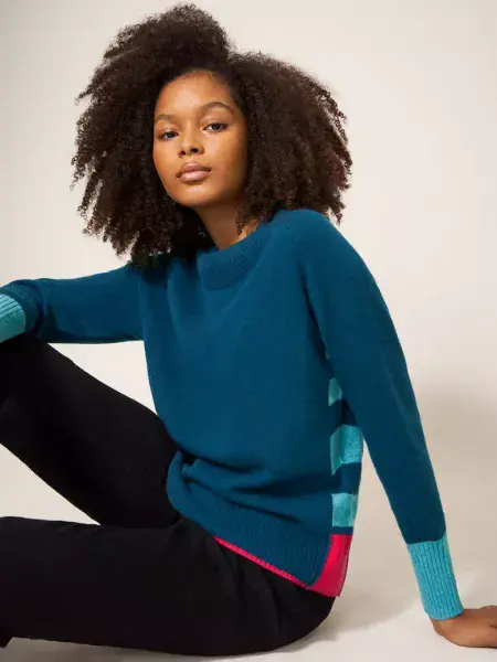Cora 100% Cashmere Crew Neck Jumper. Navy Multi