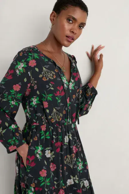 Dearling Tiered Dress. Botanical Collage Onyx
