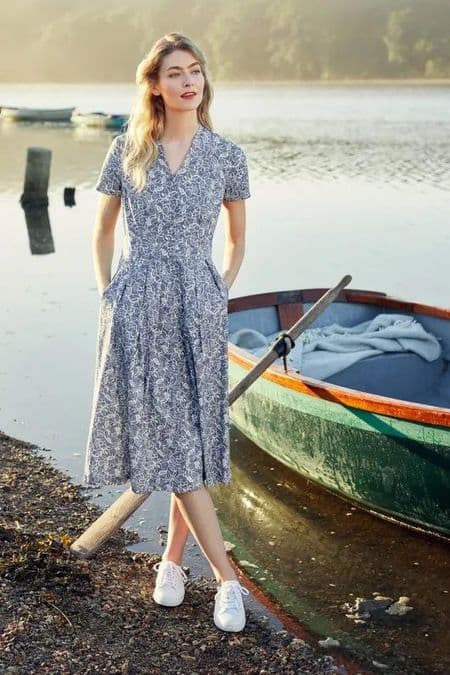 Handwriting Short Sleeve  Dress. Penrose Blooms Indigo