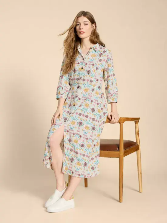Hayden Linen Blend Shirt Dress. Nat Print
