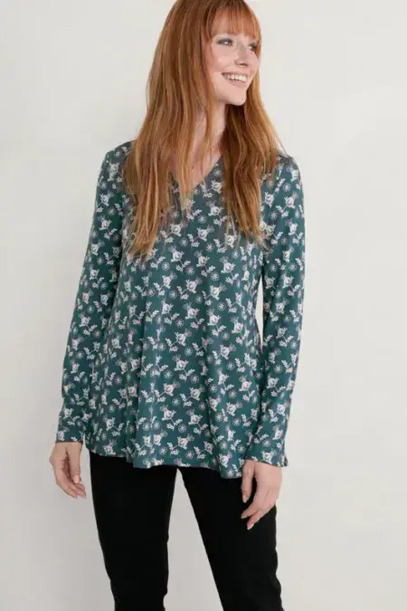 Janey Top. Carved Seed Head Deep Teal