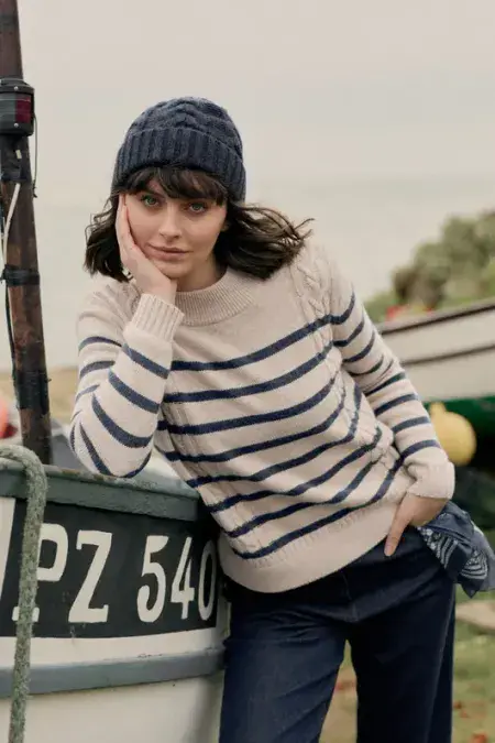 Jetty Reach Stripe Jumper. Ahoy Magpie Aran