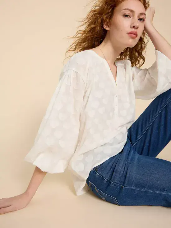 Josie Heart Jacquard Top. Pale Ivory