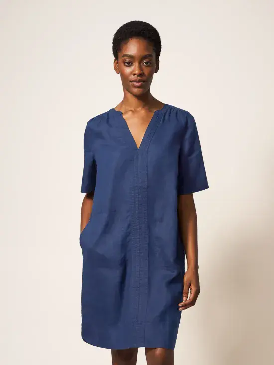 June Linen Shift Dress. Dark Navy