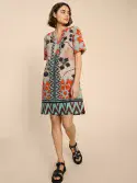 June Linen Shift Dress. Natural Multi