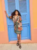 June Linen Shift Dress. Natural Multi