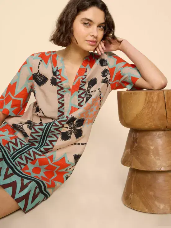 June Linen Shift Dress. Natural Multi