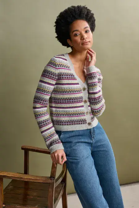 Lamorna Lane Cardigan. Hemmick Aran Multi