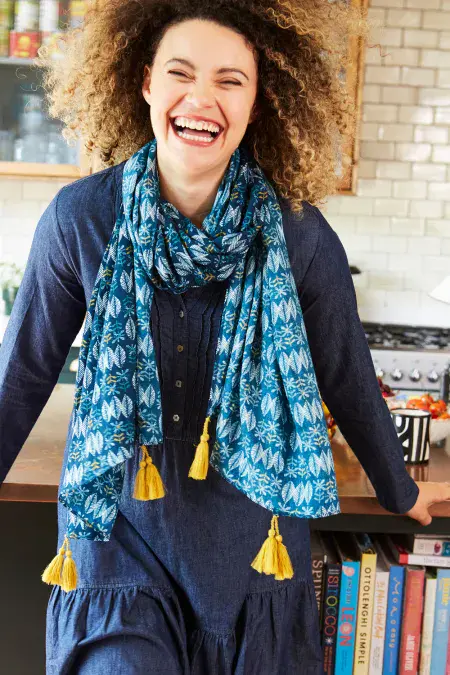 Leafy Press Scarf. Blue Multi