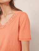 Lily Lace V Neck Tee. Light Orange